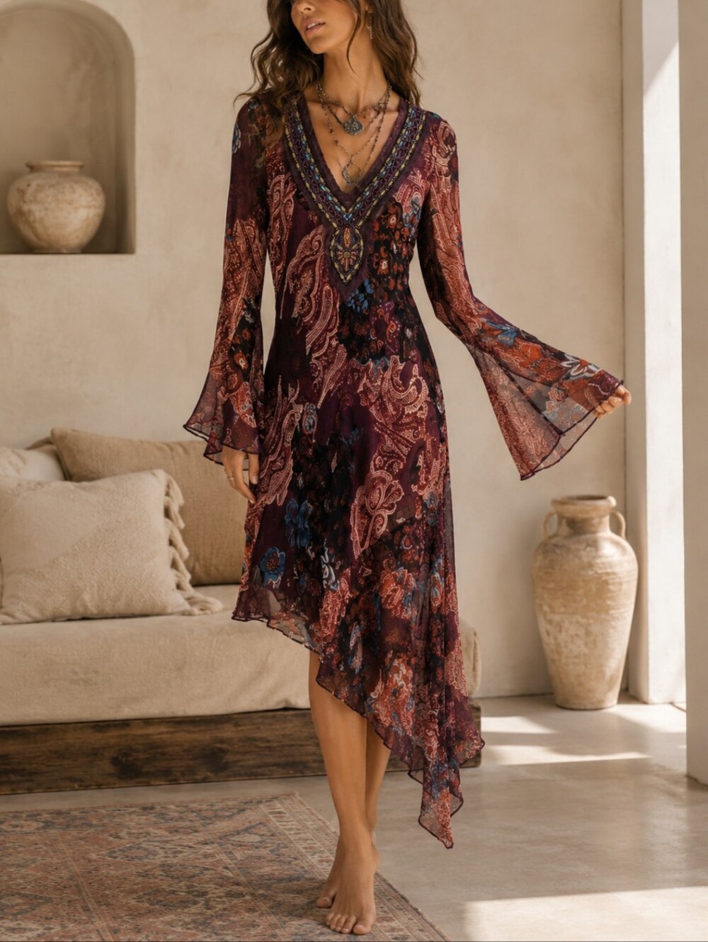 Chaudry KC Beaded Asymmetrical Hem Long Sleeve Dress - Picture 1 of 9